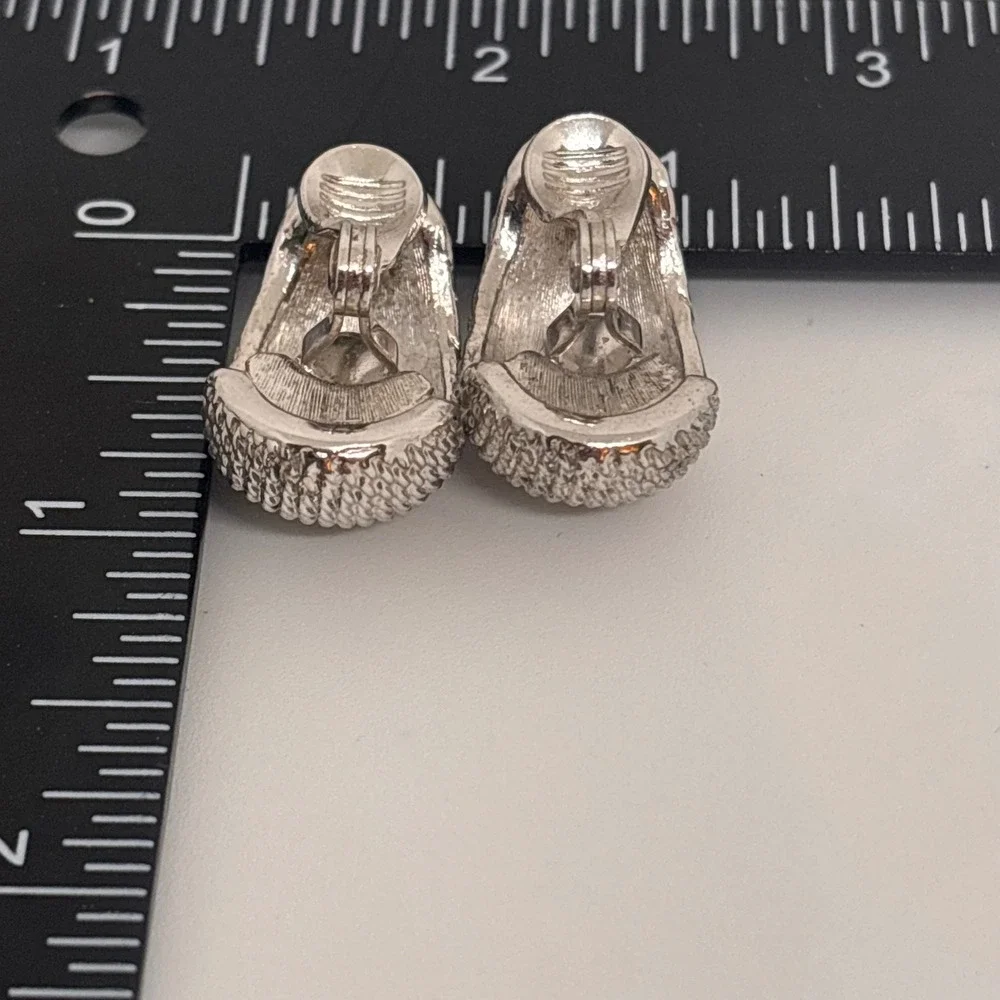 Monet Clip‎ On Earrings Silver Tone Textured Dome Vintage Designer Costume